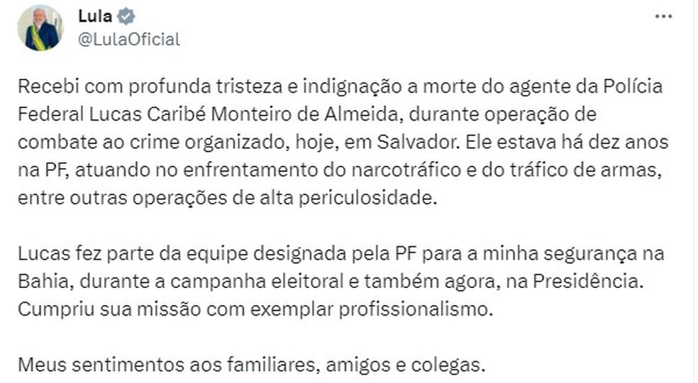 Presidente se pronunciou sobre morte de PF nas redes sociais Foto Redes sociais