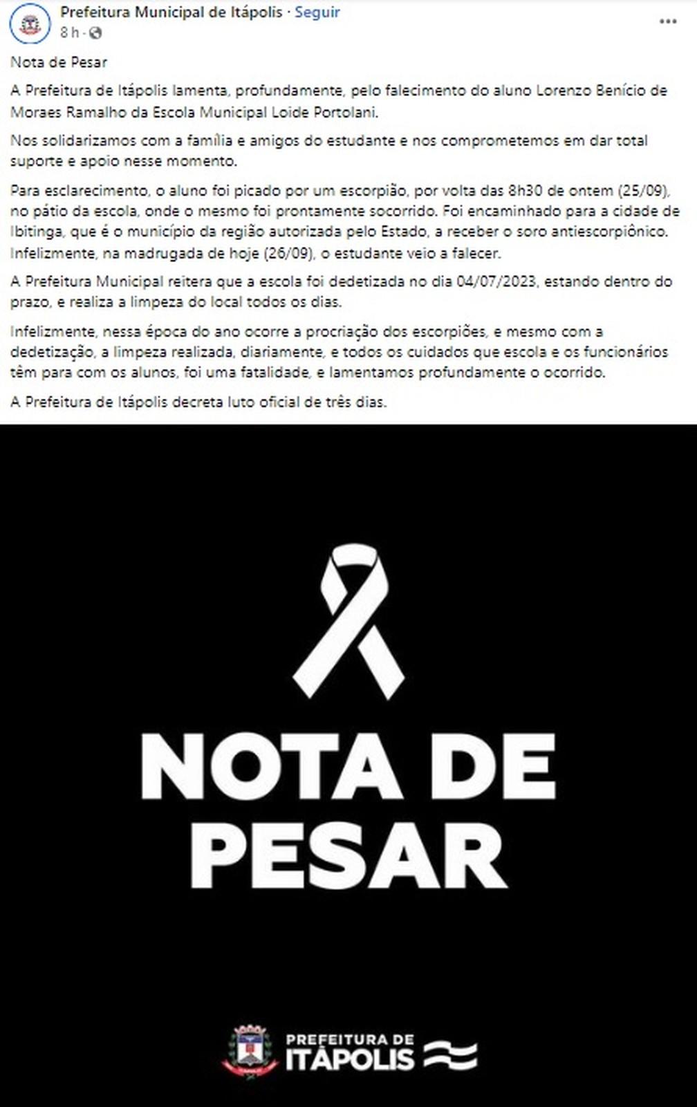Prefeitura de Itpolis lamentou morte de menino picado por escorpio em escola Foto FacebookReproduo