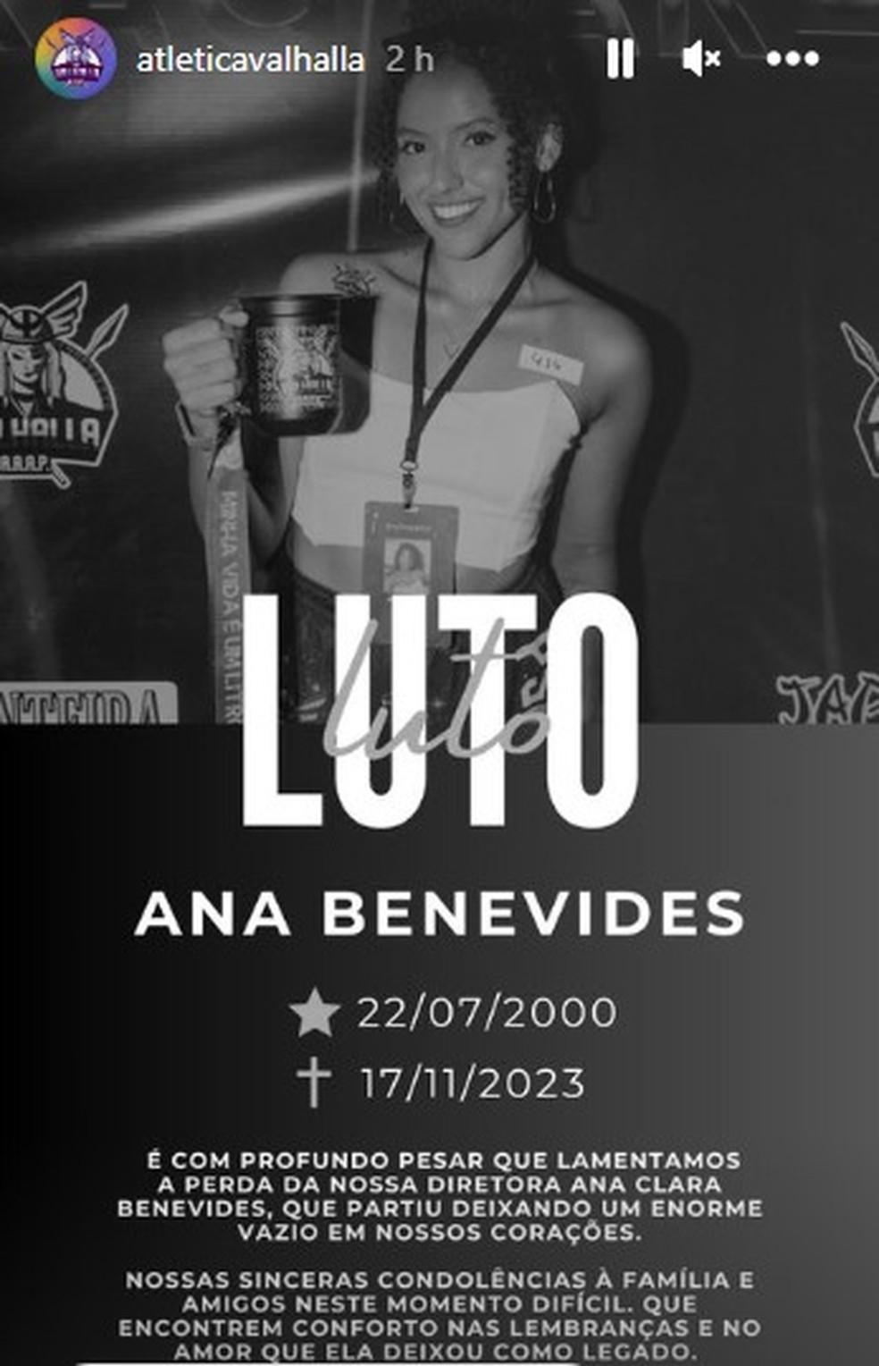 Nas redes sociais o perfil da atltica Valhalla ligada ao curso de Psicologia da UFR qual Ana estava vinculada prestou uma homenagem a ela Foto Reproduo