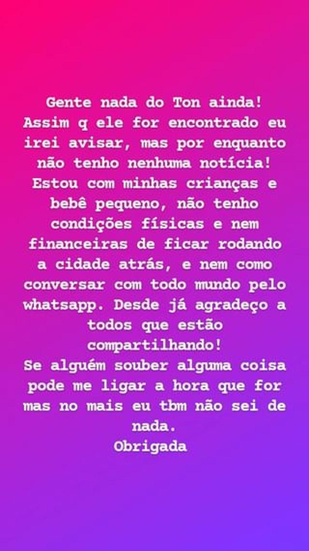 Namorada de Ton Ferreira pede ajuda para encontrar cantor Foto ReproduoInstagram