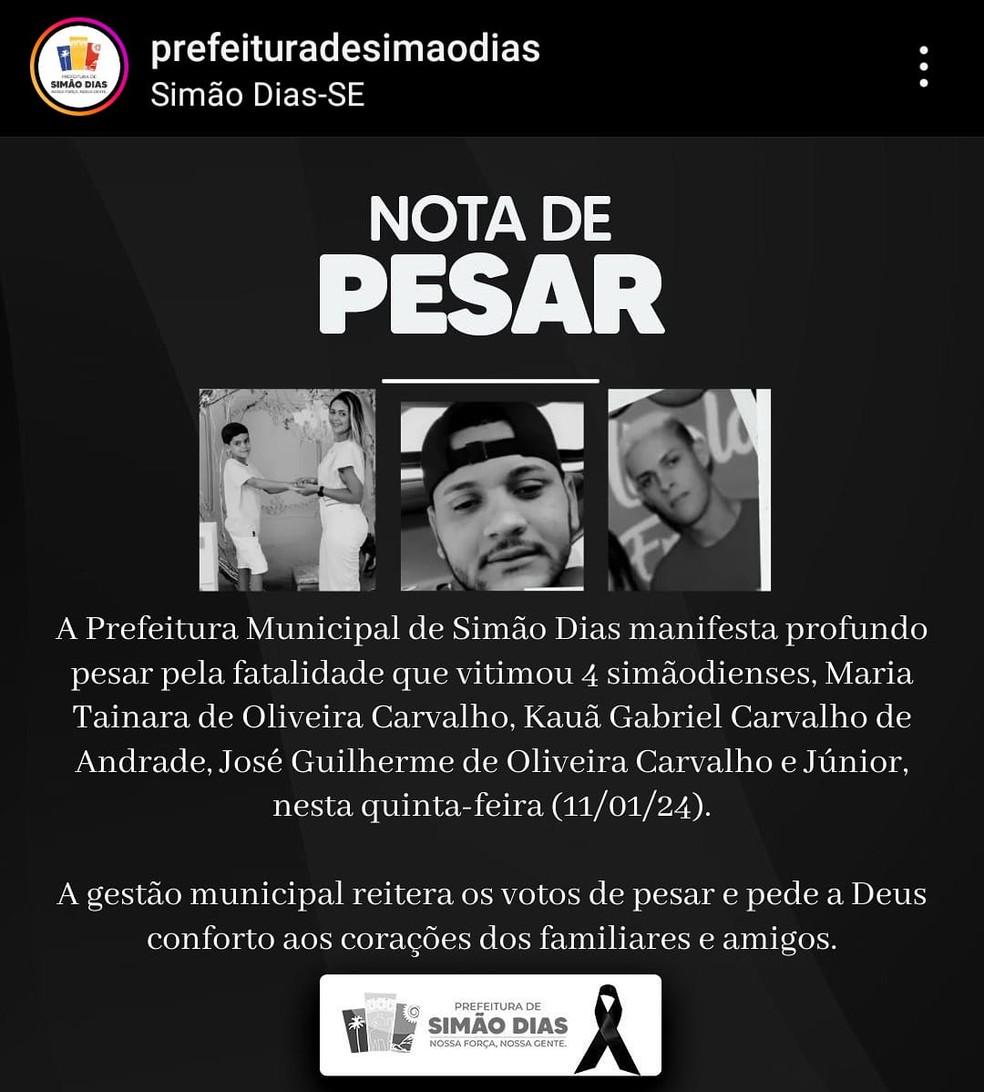 Prefeitura de Simo Dias em Sergipe lamentou a morte da famlia Foto Redes sociais