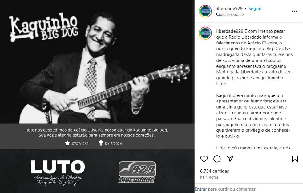 Nota de pesar publicada pela Rdio Liberdade onde Kaquinho era apresentador Foto ReproduoRedes sociais